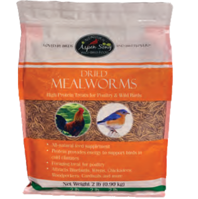 Bag of dried mealworms with branding and product details on a white background