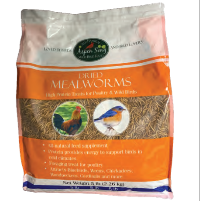 5 pound bag of dried mealworms with an orange label on a white background.