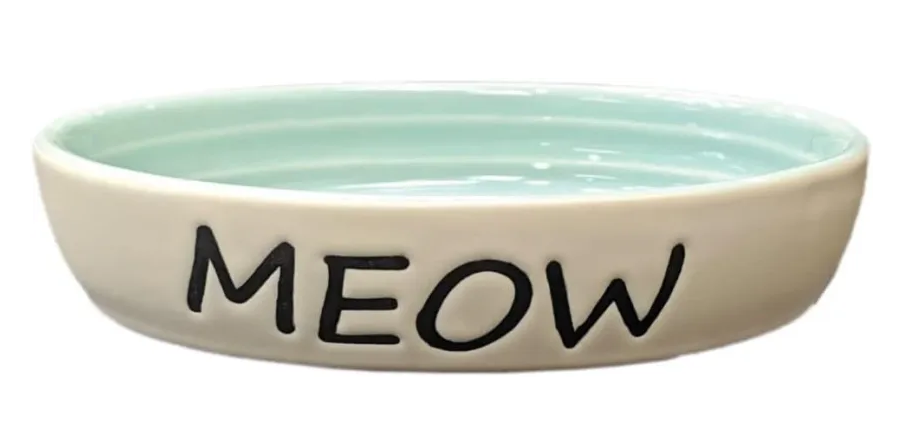 Ceramic bowl with 'MEOW' text on a white background