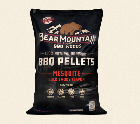 Bag of Bear Mountain BBQ Woods Mesquite BBQ Pellets on a beige background