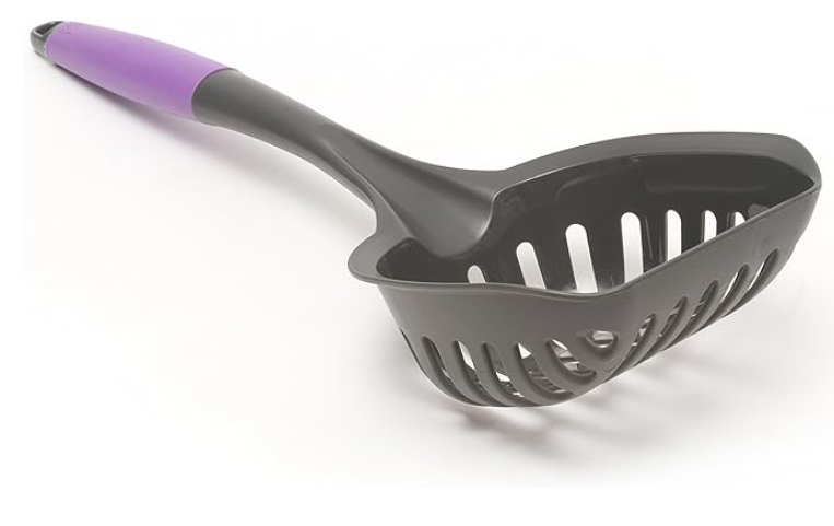 Gray pet scoop with purple handle on a white background