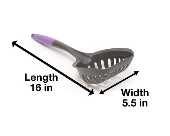 Gray pet scoop with purple handle and measurements on a white background