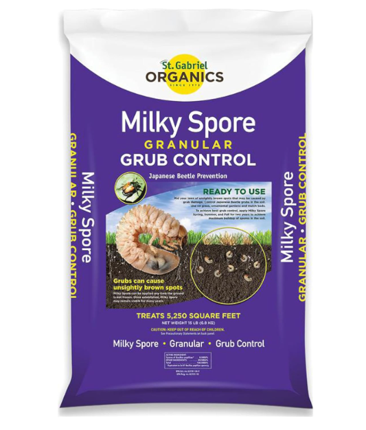 St. Gabriel Organics Milky Spore Granular Grub Control packaging on a white background