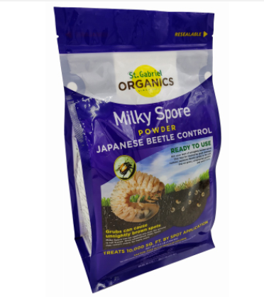 St. Gabriel Organics Milky Spore powder packaging on a white background