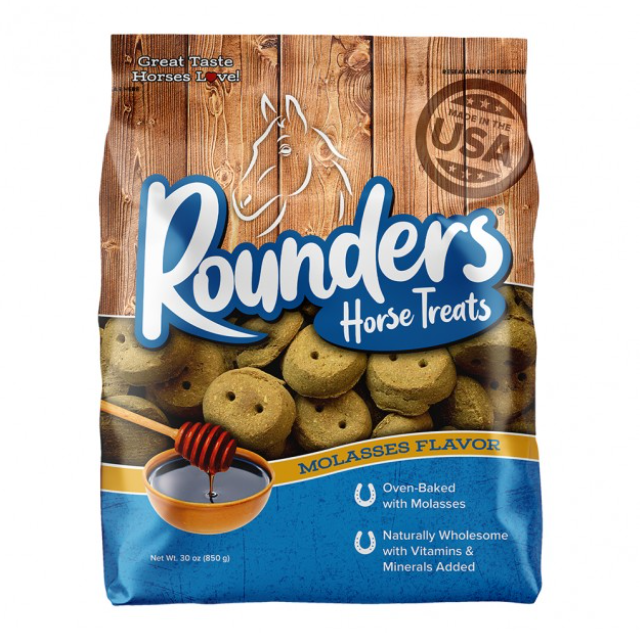 Bag of Rounders Horse Treats with a wooden background and horse illustration.