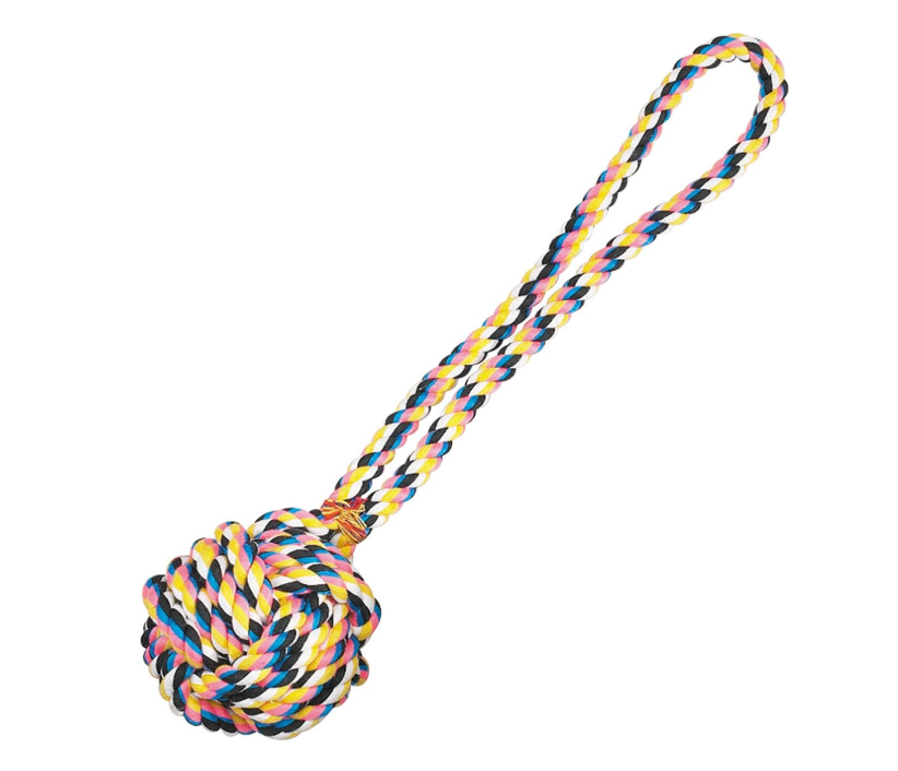 Colorful rope dog toy with a knot on a white background