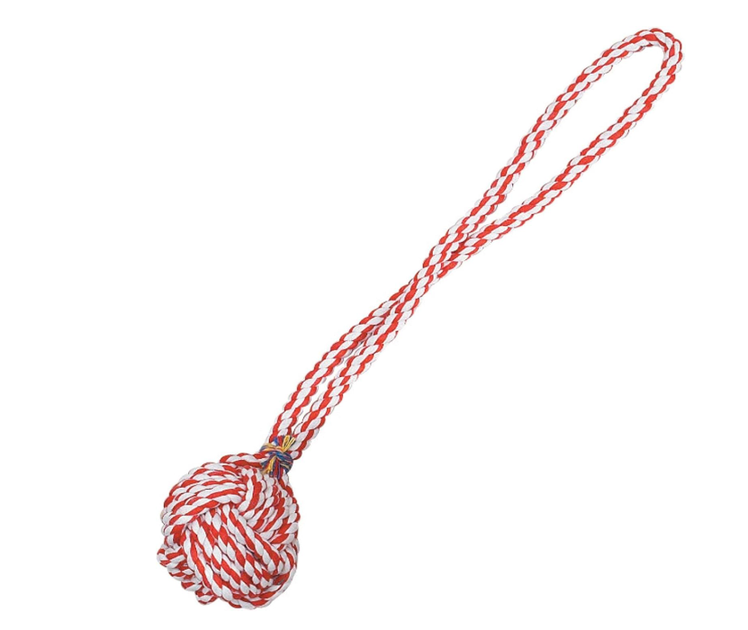 Red and white rope ball toy on a white background
