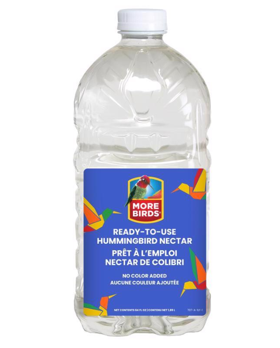 Bottle of More Birds ready-to-use hummingbird nectar on a white background