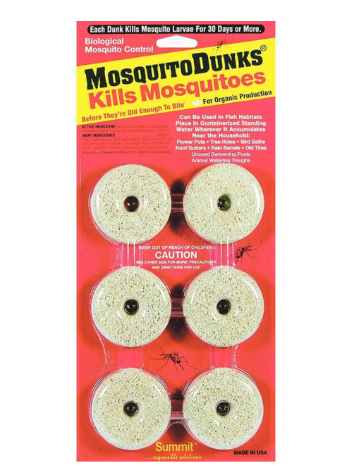 Mosquito Dunks packaging with six dunks on a red background