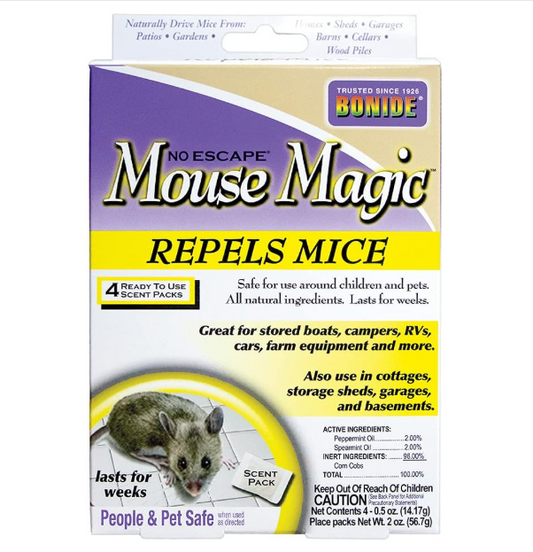 Box of Mouse Magic repels mice scent packs on a white background.