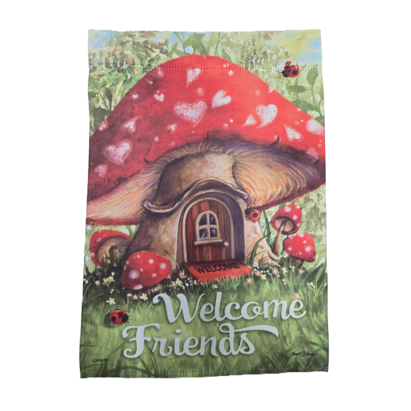 Decorative garden flag with a mushroom house and 'Welcome Friends' text, featuring red and brown colors.