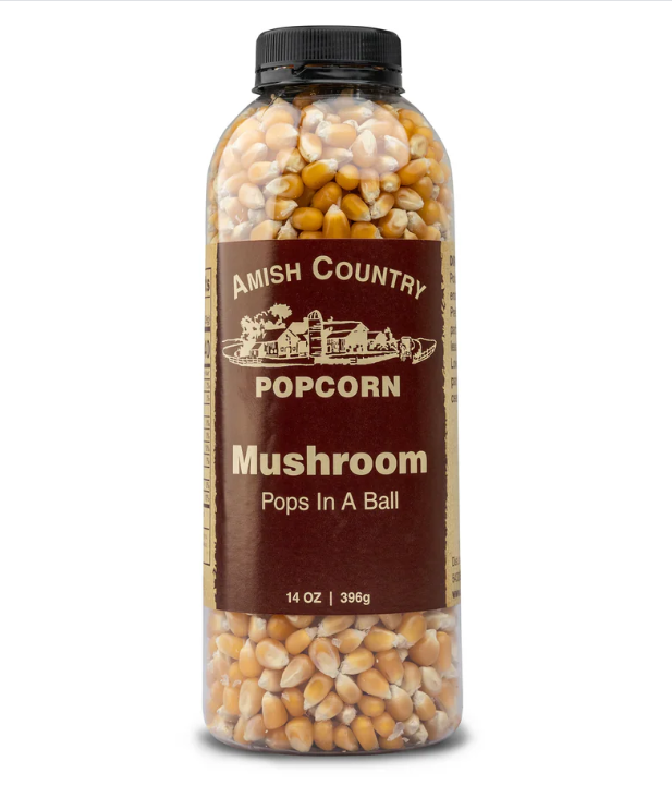 Bottle of Amish Country Popcorn on a white background