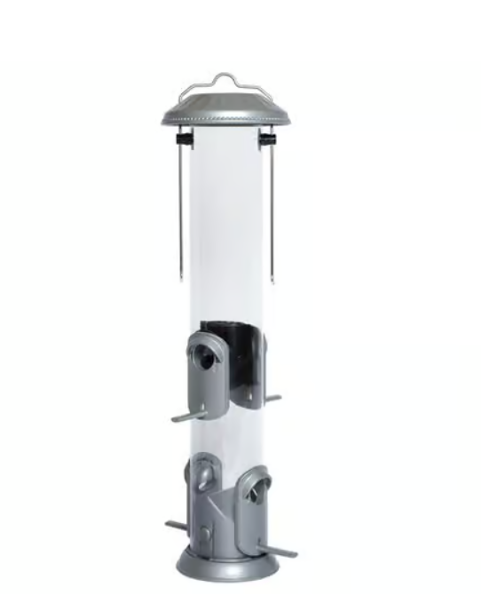 Bird feeder with clear cylindrical body and metal top and bottom on a white background