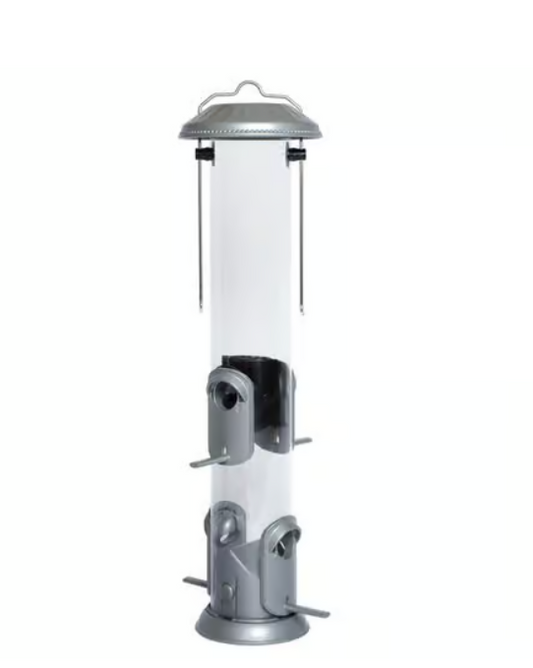 Bird feeder with clear cylindrical body and metal top and bottom on a white background