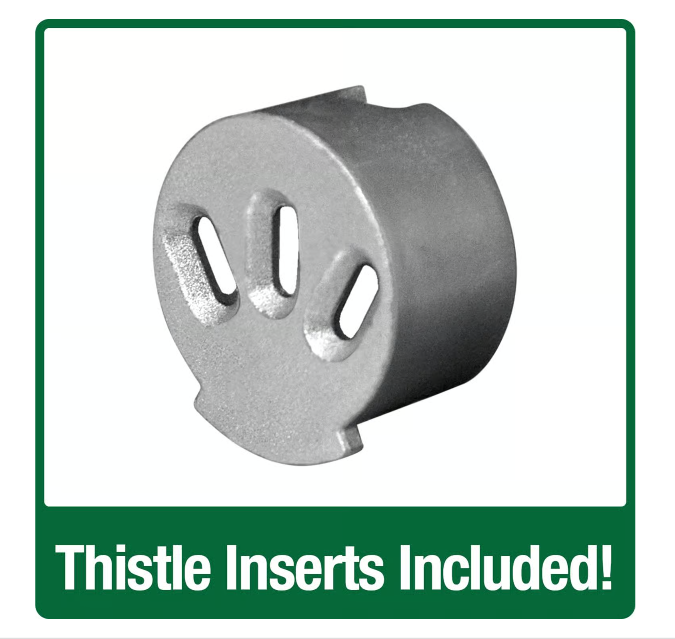 Metallic thistle insert with text 'Thistle Inserts Included!' on a green background