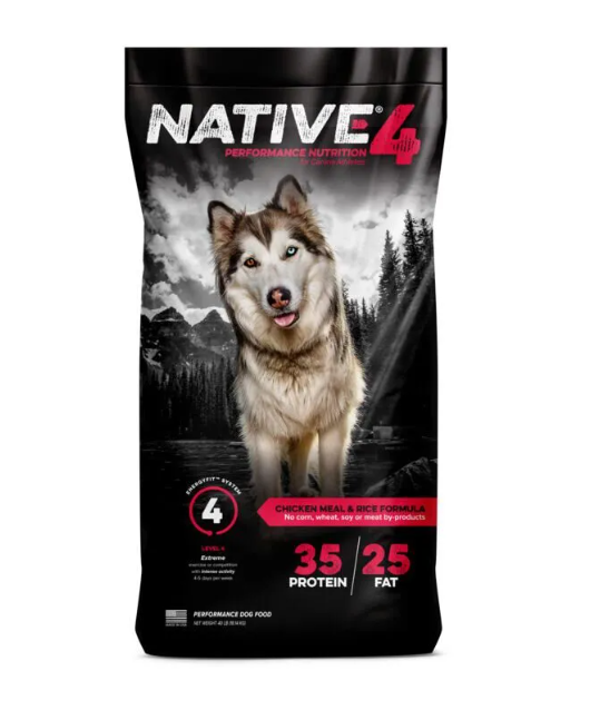 Dog food package with a husky and mountain background, featuring the brand 'Native 4'.