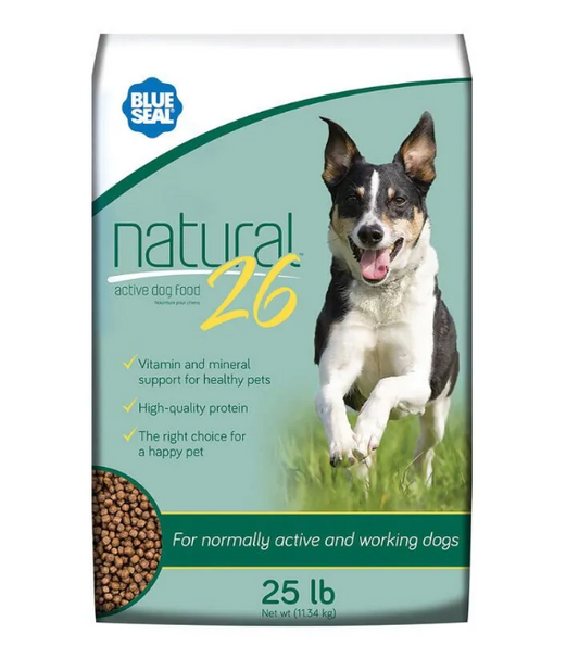 Bag of Blue Seal Natural 26 dog food with a dog on the label