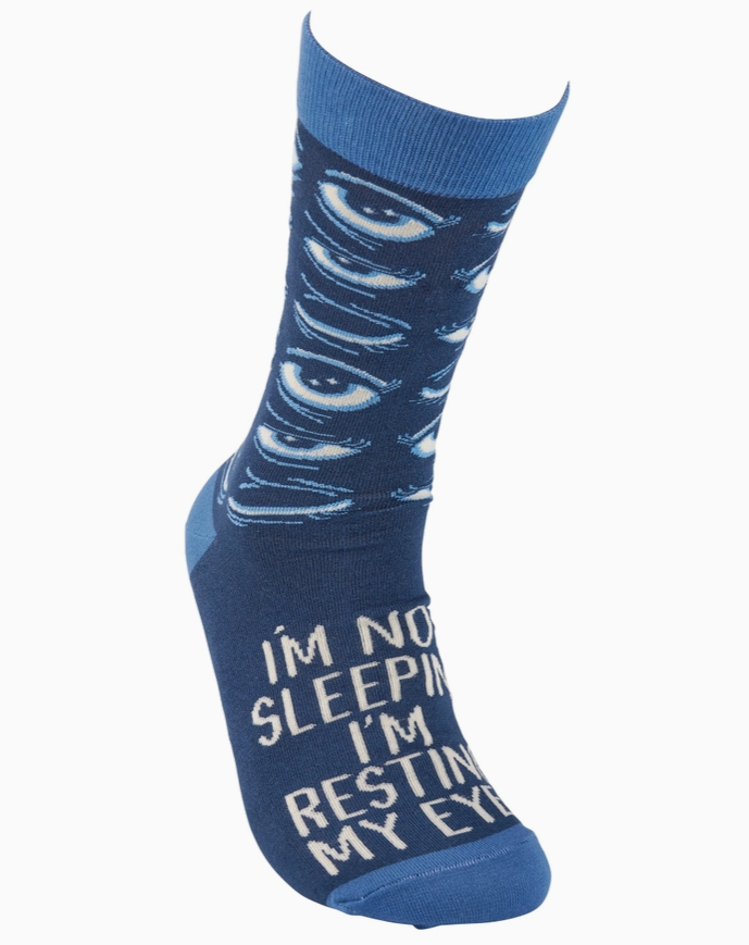 Blue sock with white text and abstract patterns on a white background