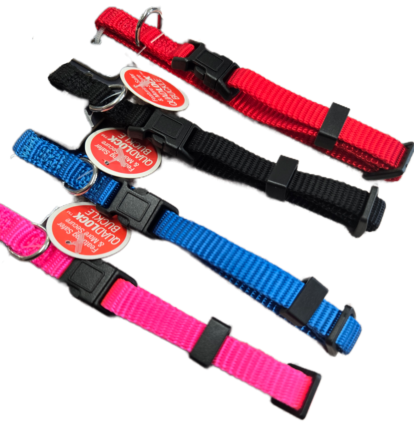 Set of four colorful dog collars with tags on a white background