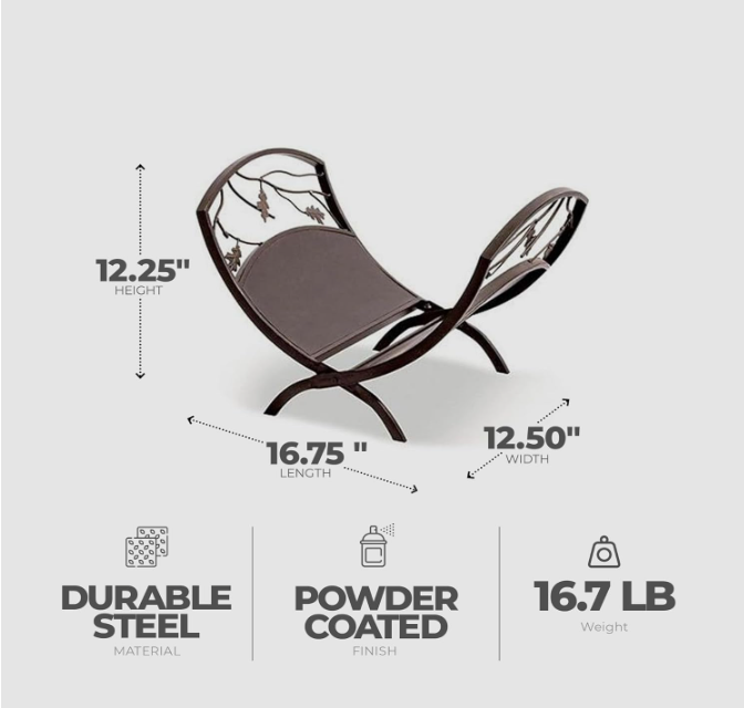 Folding log bin with dimensions and material information on a gray background