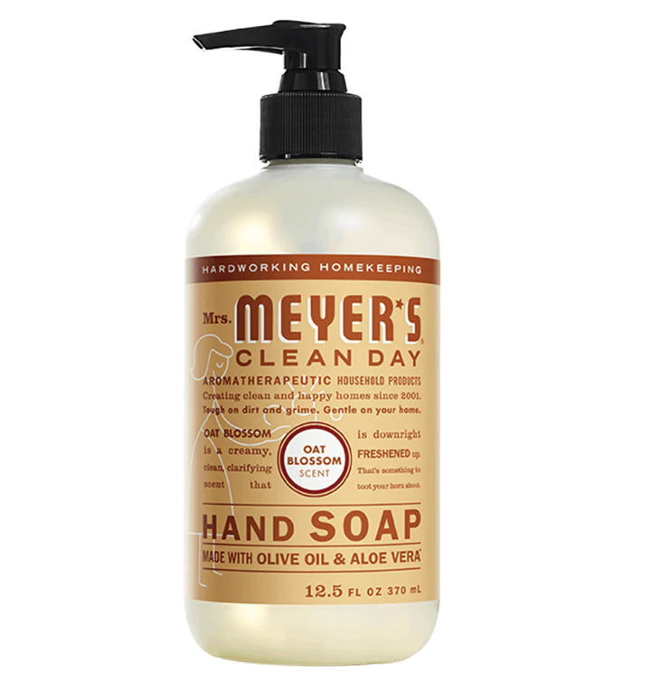 Bottle of Mrs. Meyers Oat Blossom scented liquid hand soap on a white background.