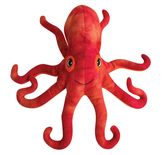 Red plush octopus dog toy on a white background