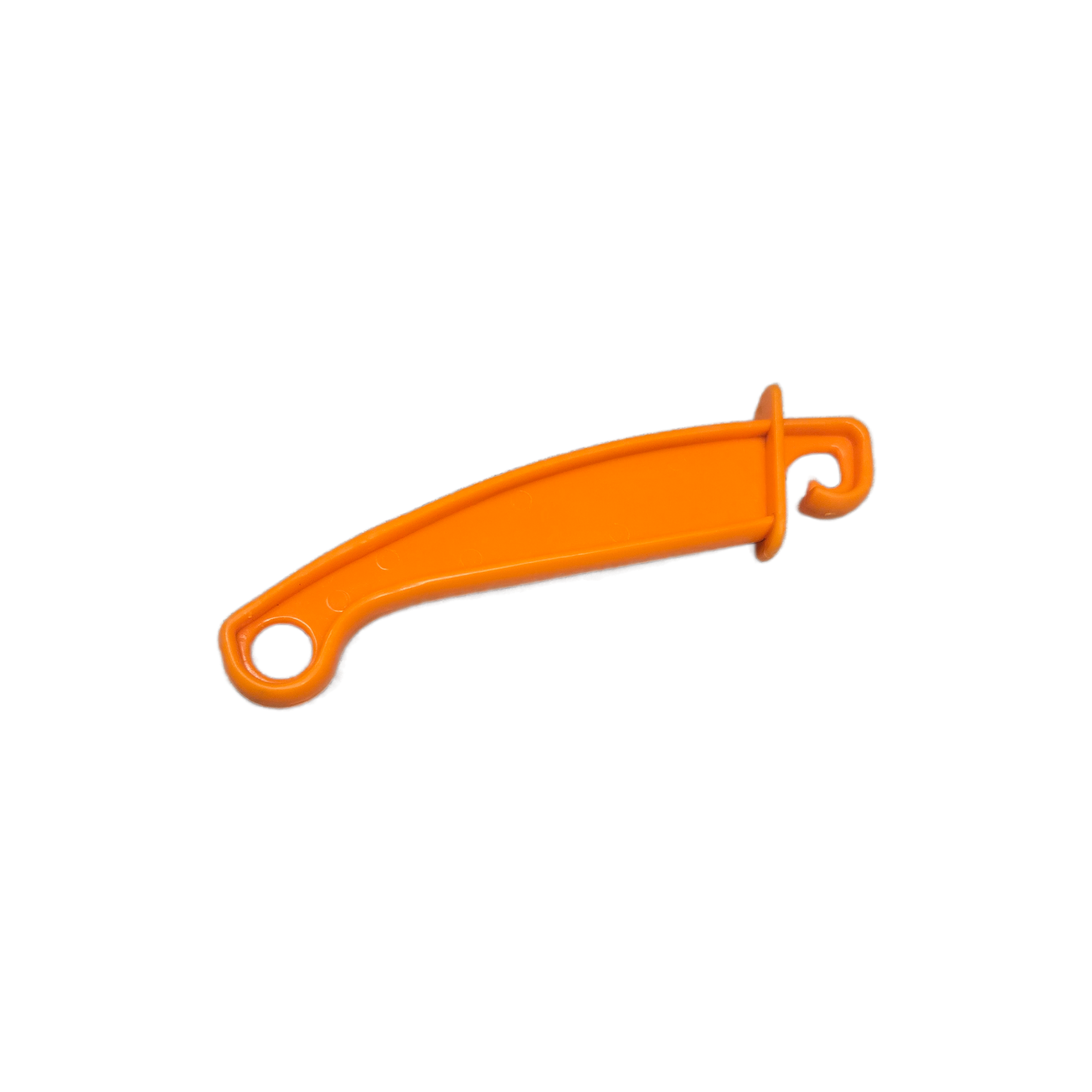 Orange plastic electric fence gate handle on a white background.