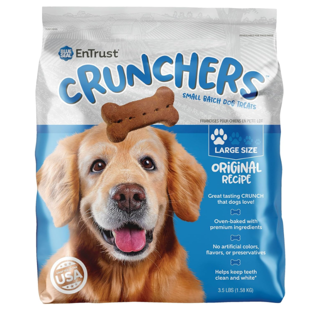 EnTrust Crunchers dog treats packaging with a dog and treat on a white background