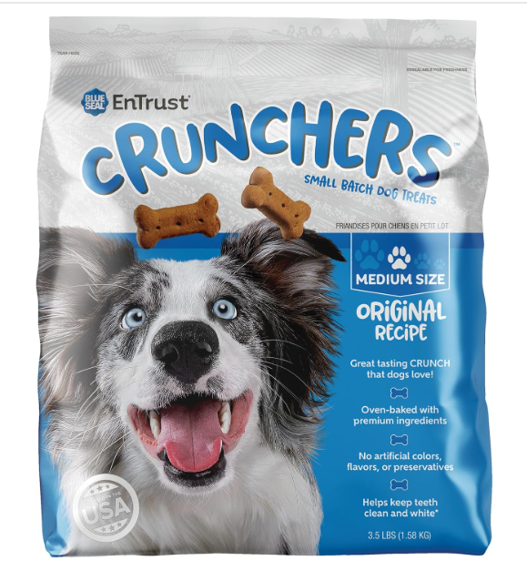 Bag of EnTrust Crunchers small batch dog treats with a dog on the packaging