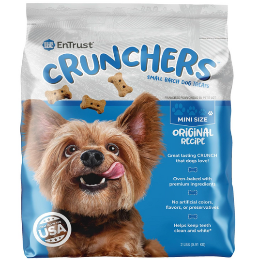 Bag of Blue Buffalo EnTrust Crunchers dog treats with a dog's face on the packaging.