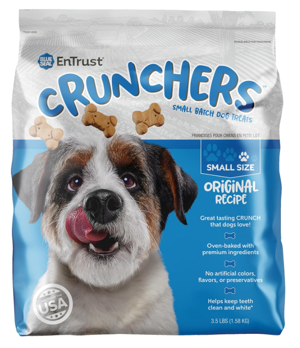 Bag of EnTrust Crunchers dog treats with a dog on the packaging