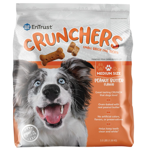 Bag of EnTrust Crunchers Small Batch Dog Treats with a dog on the packaging.