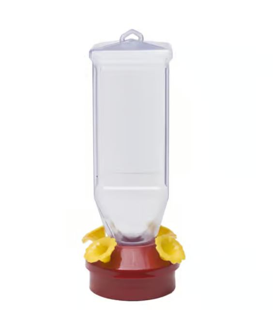 Hummingbird feeder with yellow perches on a white background