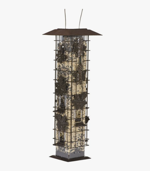 Bird feeder with a cylindrical design on a white background