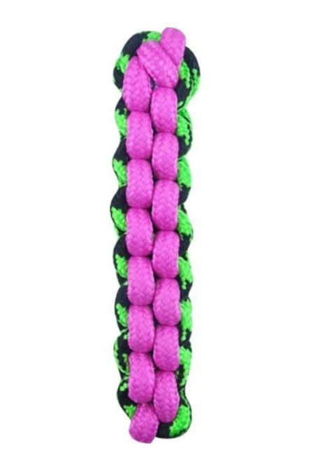Pink and green braided rope toy on a white background