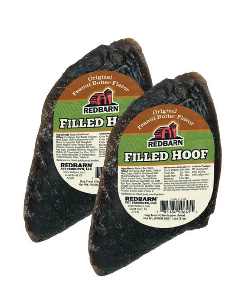 Two Redbarn Filled Hoof treats with labels on a white background