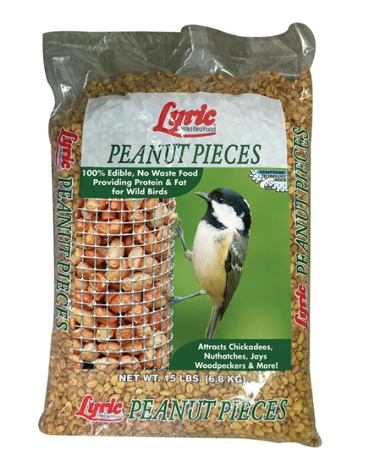 Bag of Lyric Peanut Pieces bird food with a bird on the packaging.
