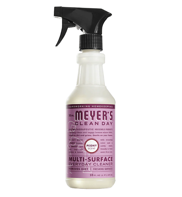 Bottle of Mrs. Meyers Peony scented multi-surface cleaning spray on a white background.