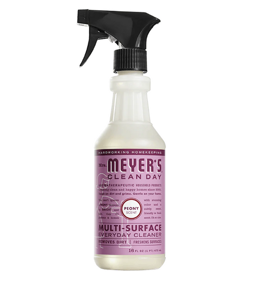 Bottle of Mrs. Meyers Peony scented multi-surface cleaning spray on a white background.