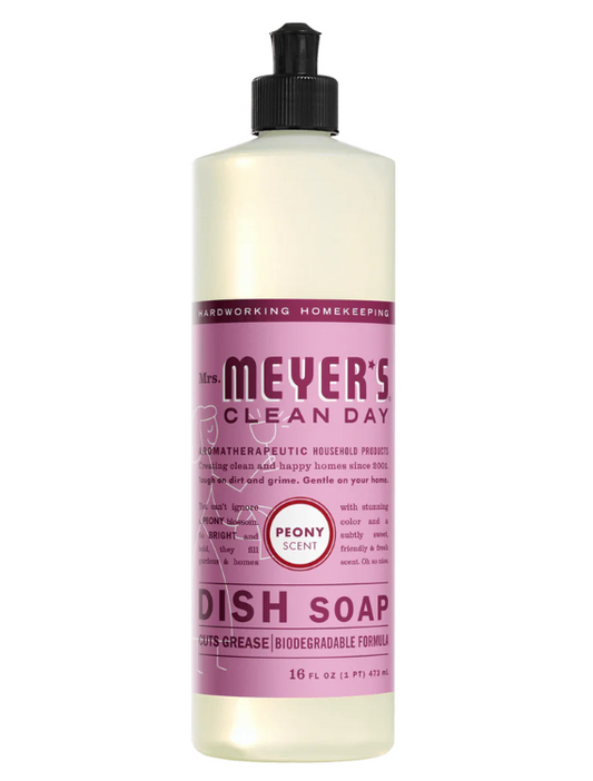 Meyer's Clean Day dish soap bottle with pink label on a white background