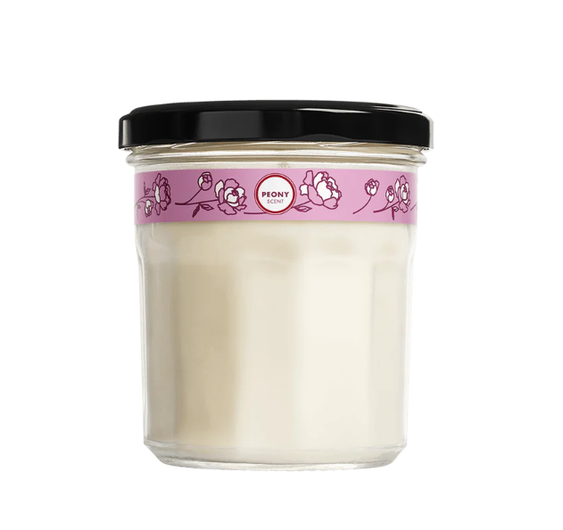 Mrs. Meyers Peony scented soy candle on a white background.