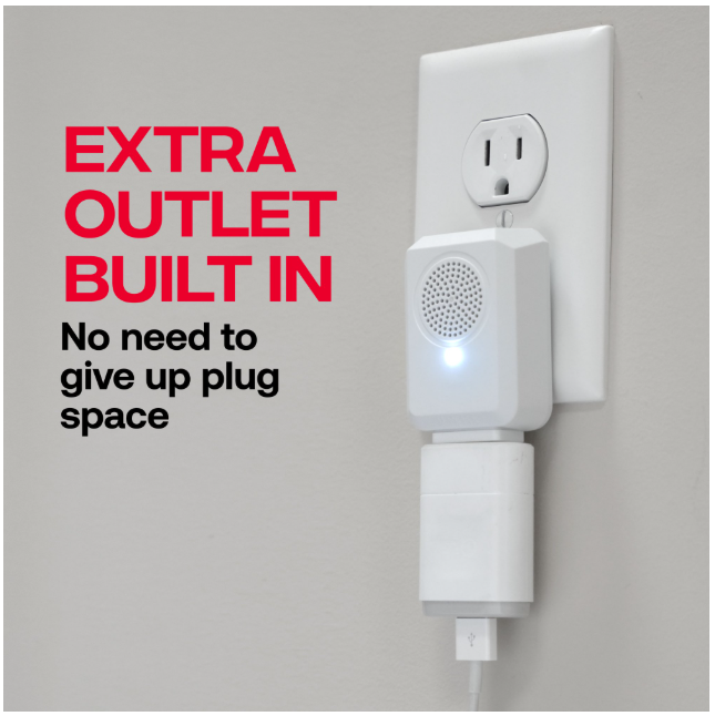 PestChaser device plugged into an outlet and text 'Extra Outlet Built In' on a gray background