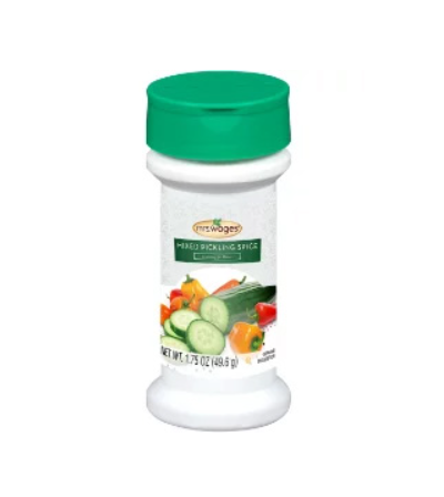 Shaker of Mrs. Wages mixed pickling spice on a white background.