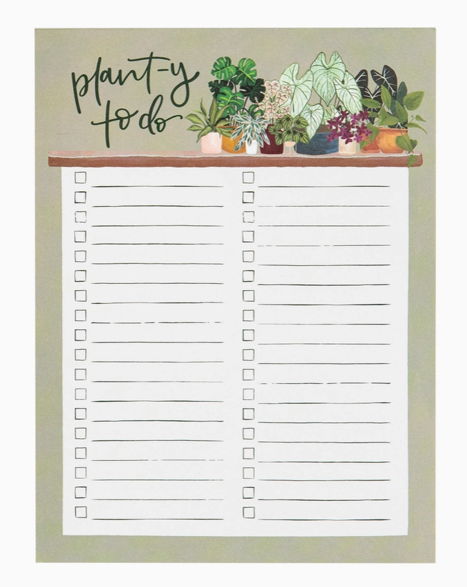 A plant-themed to-do list notepad featuring the handwritten-style text 'plant-y to do' above a shelf illustration with potted plants, above a large checklist with checkboxes on a light gray background.