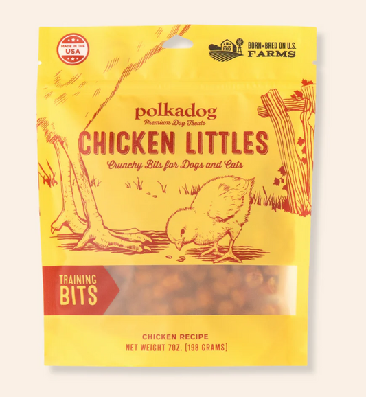 Polkadog Farms Chicken Littles dog treat package on a white background