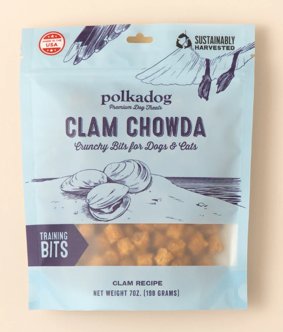 Polkadog Clam Chowda treat package on a beige background