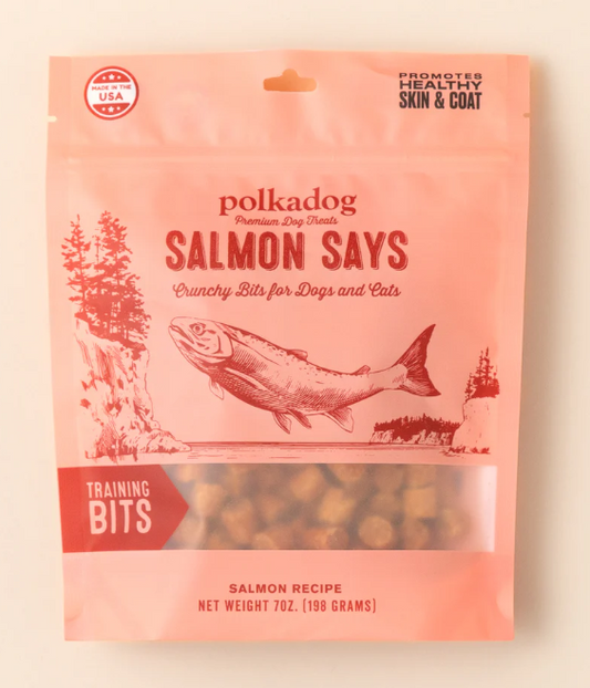 Package of Polkadog Salmon Says Crunchy Bites for dogs and cats on a light beige background
