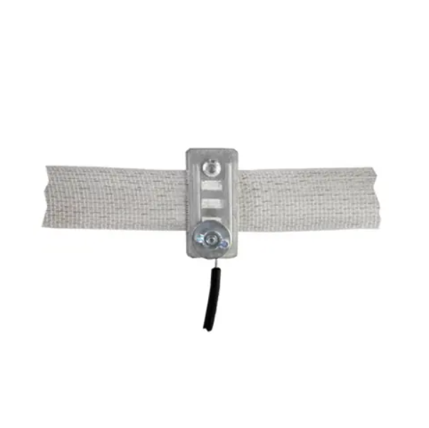 Metal poly tape connector with poly tape on a white background.