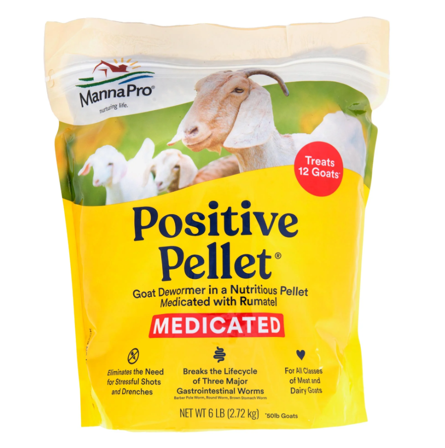 Bag of Manna Pro's Positive Pellet goat dewormer on a white background.