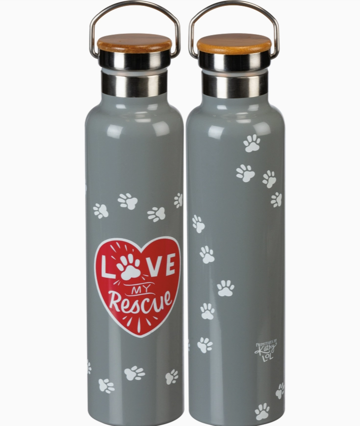 Two gray water bottles with paw prints and a red heart design on a white background